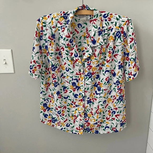 Vintage: Petite Impressions 90s Colorful White Floral Button Up - Size 4 - Picture 7 of 16